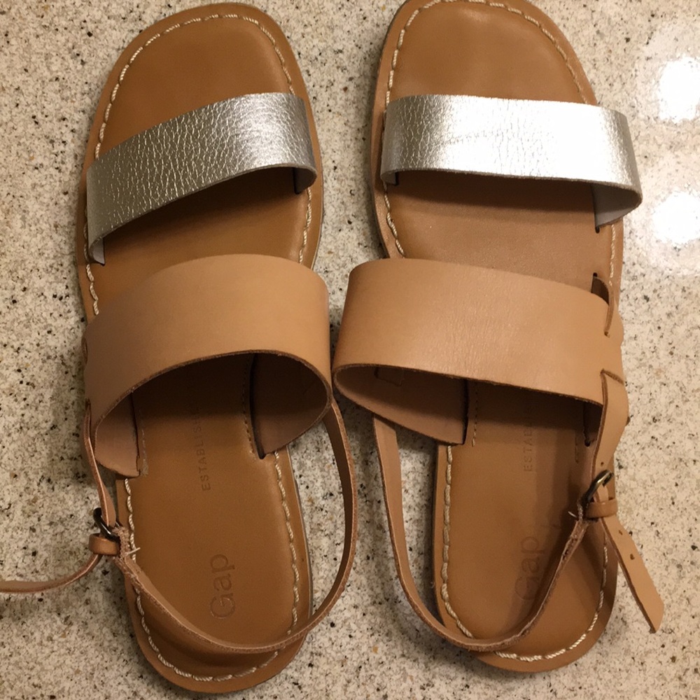 GAP Tan and Metallic Silver Two-Strap Sandals